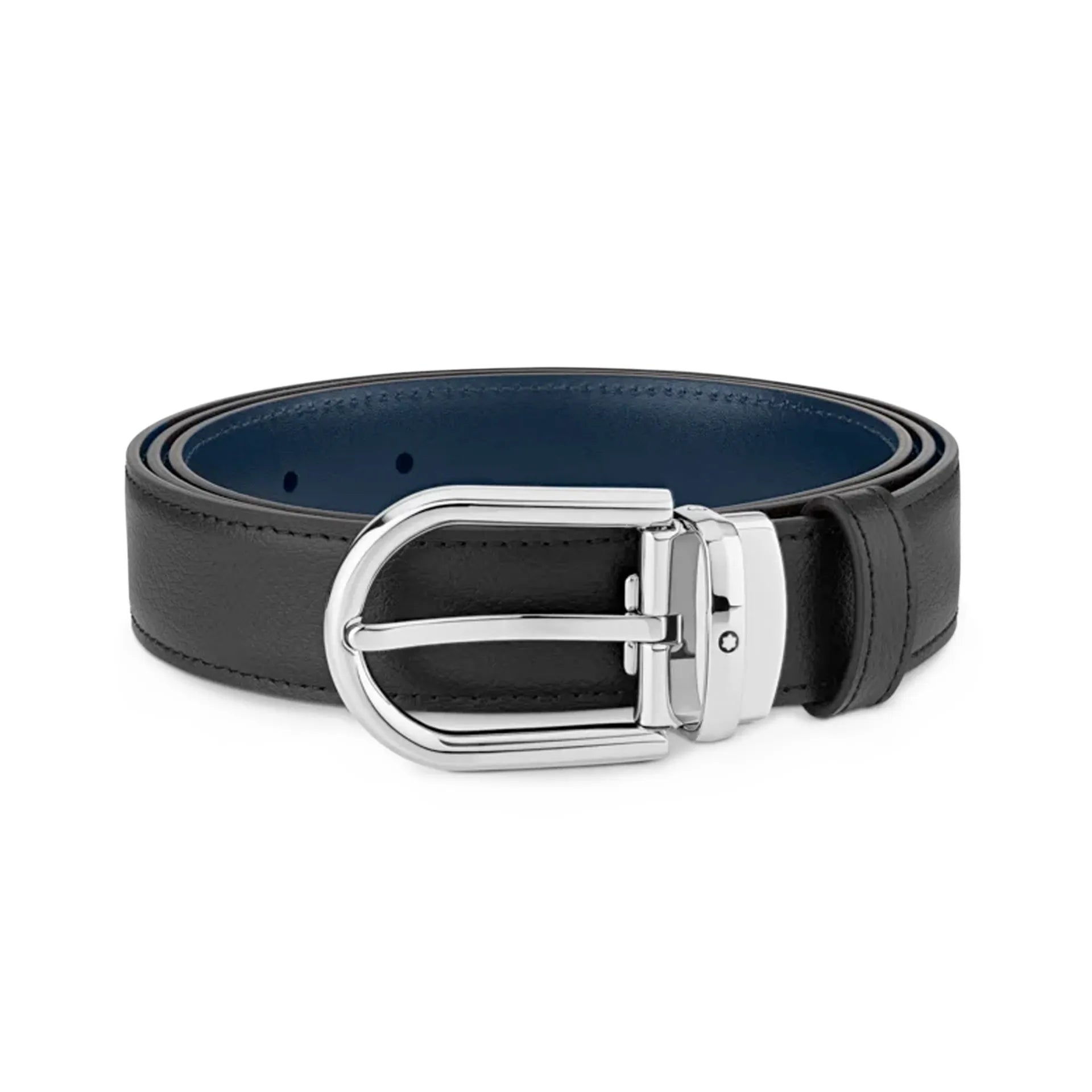 Montblanc 128756 Cintura Reversibile in Pelle Nera e Blu con Fibbia a Ferro di Cavallo