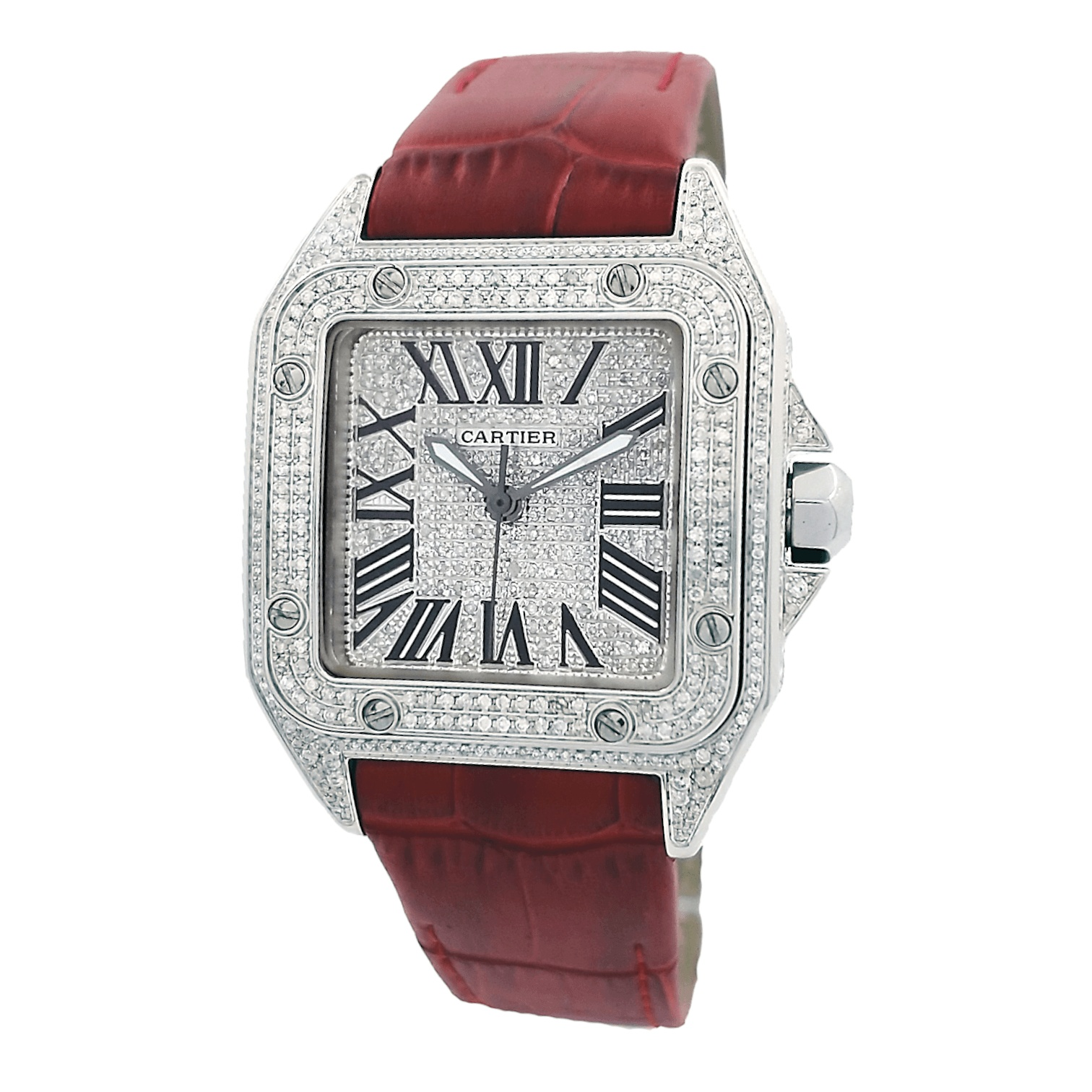 Cartier Santos 100 Ladies Medium 33 mm Custom Iced 7 ct Genuine Diamon