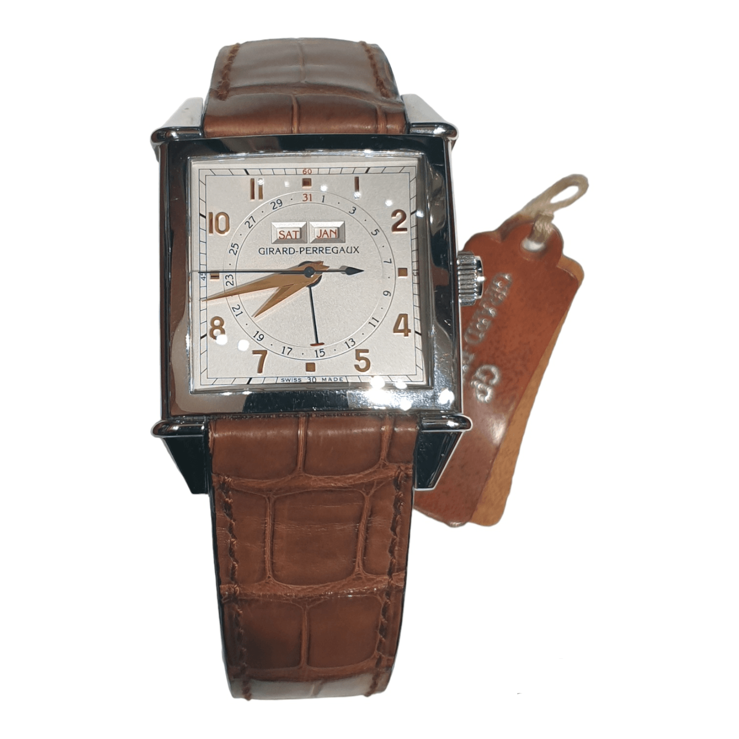 ID: ON3585MARCA: Girard PerregauxREFERENZA: 25810MODELLO: Vintage 1945 Carrée Triple CalendarGENERE: UnisexMOVIMENTO: AutomaticoCASSA: AcciaioCRISTALLO: ZaffiroDIAME