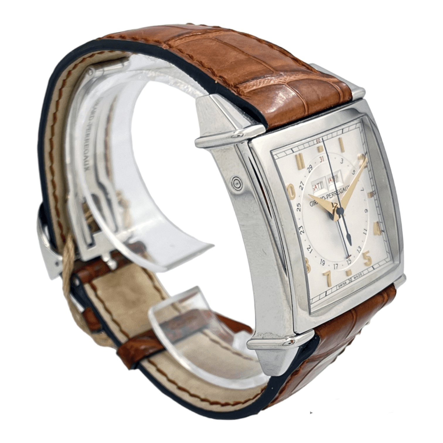 ID: ON3585MARCA: Girard PerregauxREFERENZA: 25810MODELLO: Vintage 1945 Carrée Triple CalendarGENERE: UnisexMOVIMENTO: AutomaticoCASSA: AcciaioCRISTALLO: ZaffiroDIAME