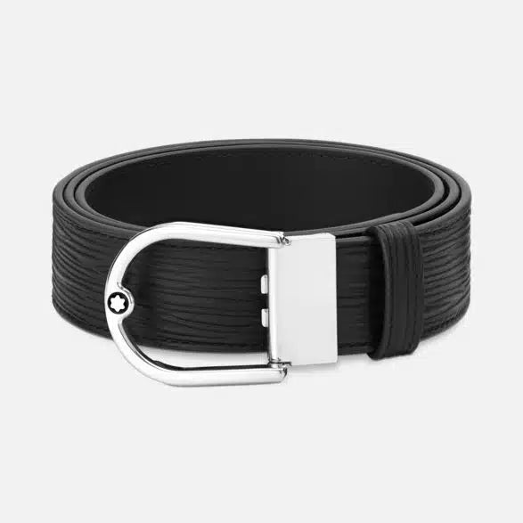 Montblanc 198634 Cintura Reversibile 35 mm in Pelle Nera con Fibbia a Ferro di Cavallo