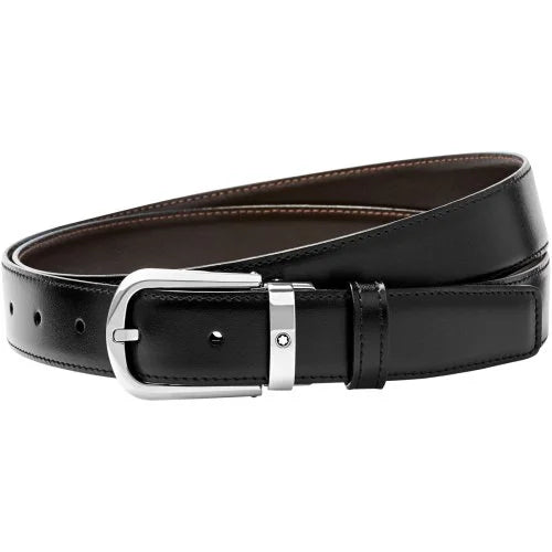 Montblanc 114412 Cintura Reversibile in Pelle Nera/Marrone con Fibbia a Ferro di Cavallo