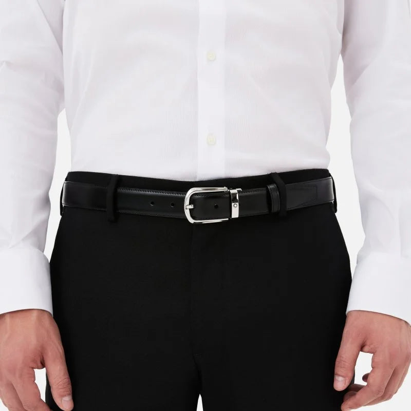 Montblanc 114412 Cintura Reversibile in Pelle Nera/Marrone con Fibbia a Ferro di Cavallo