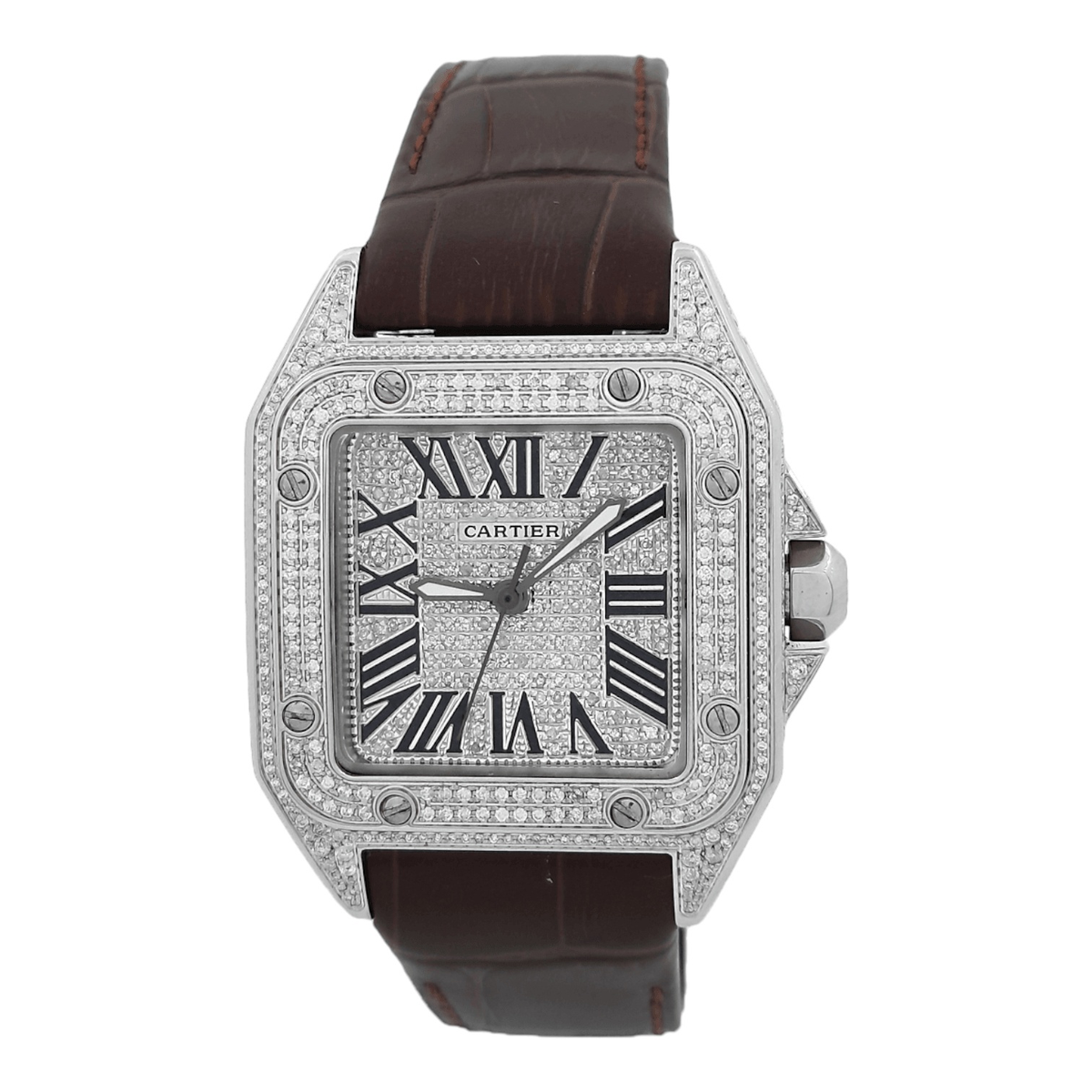 Cartier Santos 100 Ladies Medium 33 mm Custom Iced 7 ct Genuine Diamon