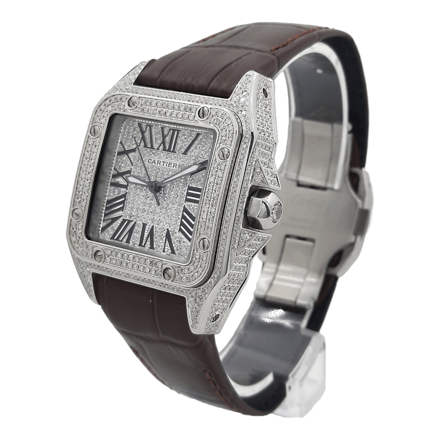 Cartier Santos 100 Ladies Medium 33 mm Custom Iced 7 ct Genuine Diamon