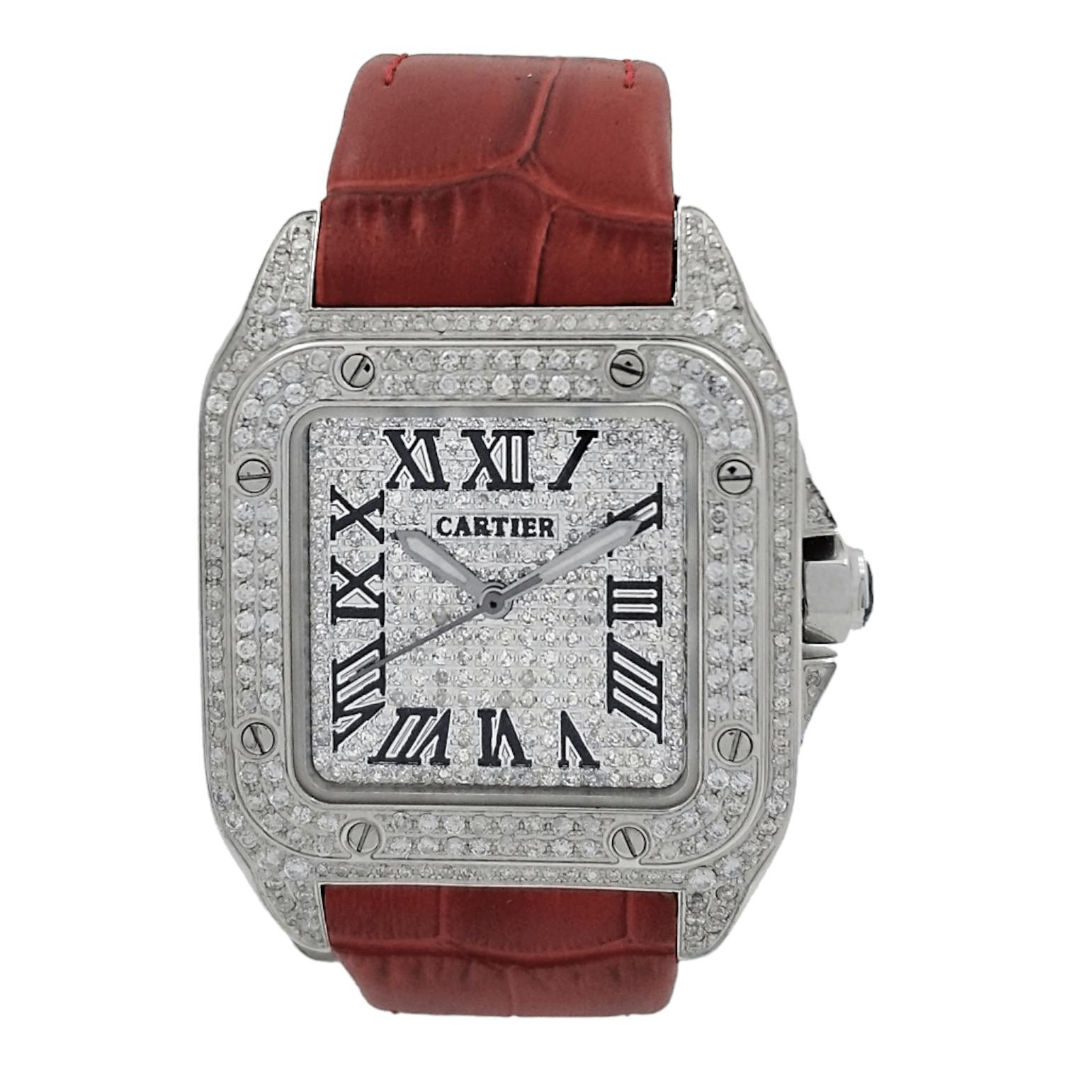 Cartier Santos 100 Ladies Medium 33mm Custom Iced 3ct Genuine Diamonds Ref. 2878 - OU850 - LuxuryInStock