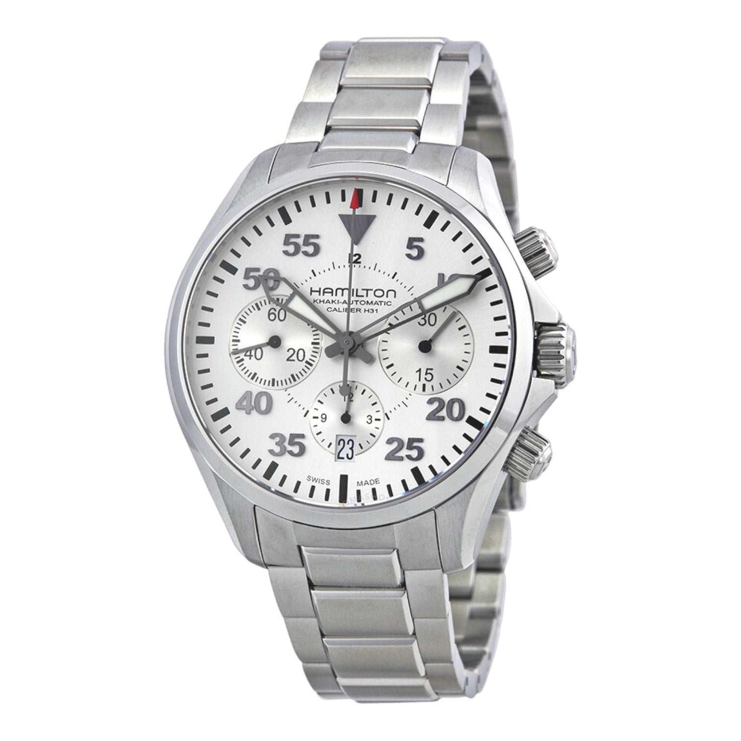 ID: ON3416MARCA: HamiltonREFERENZA: H64666155MODELLO: Khaki Pilot Automatic ChronographGENERE: UomoMOVIMENTO: AutomaticoCASSA: AcciaioCRISTALLO: ZaffiroDIAMETRO: 42 